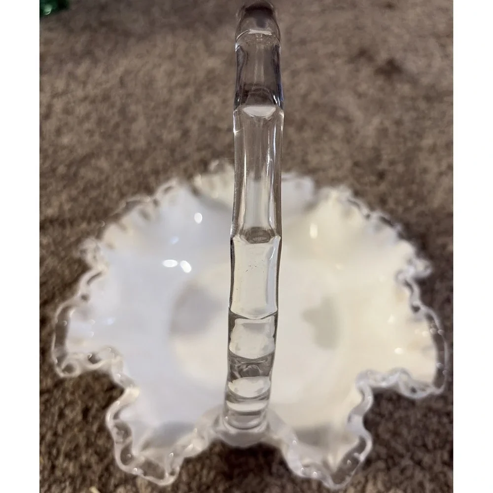 Vintage Fenton Silver Crest Milk Glass Basket Ruffled Edge Clear Glass Handle